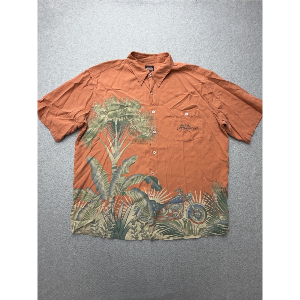 Harley-Davidson Shirt Mens 2XL Orange Silk‎ Hawaiian Motorcycle Tori Richard